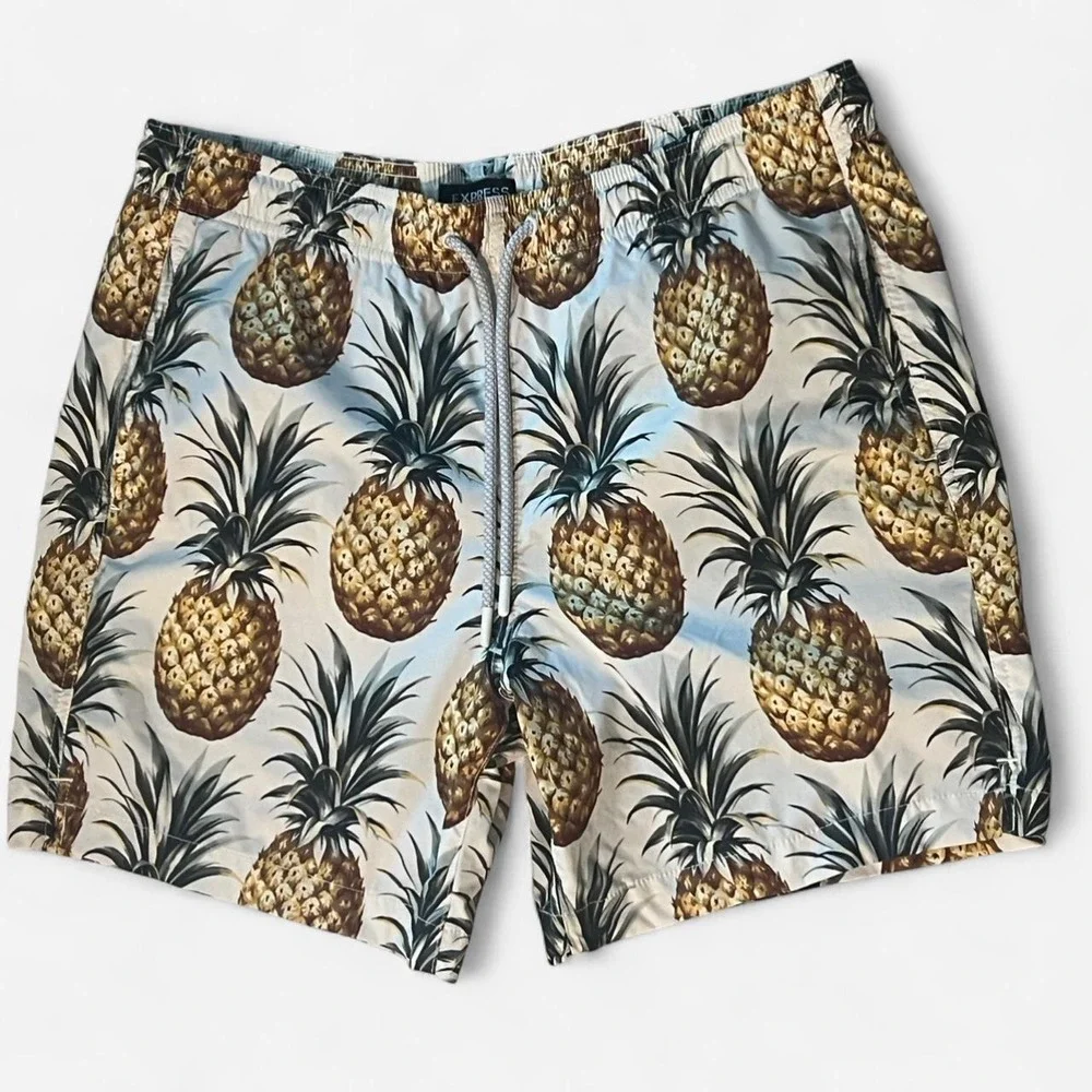 Express Mens Pineapple‎ Print Swim Trunks Blue Yellow Tropical Board Shorts MED